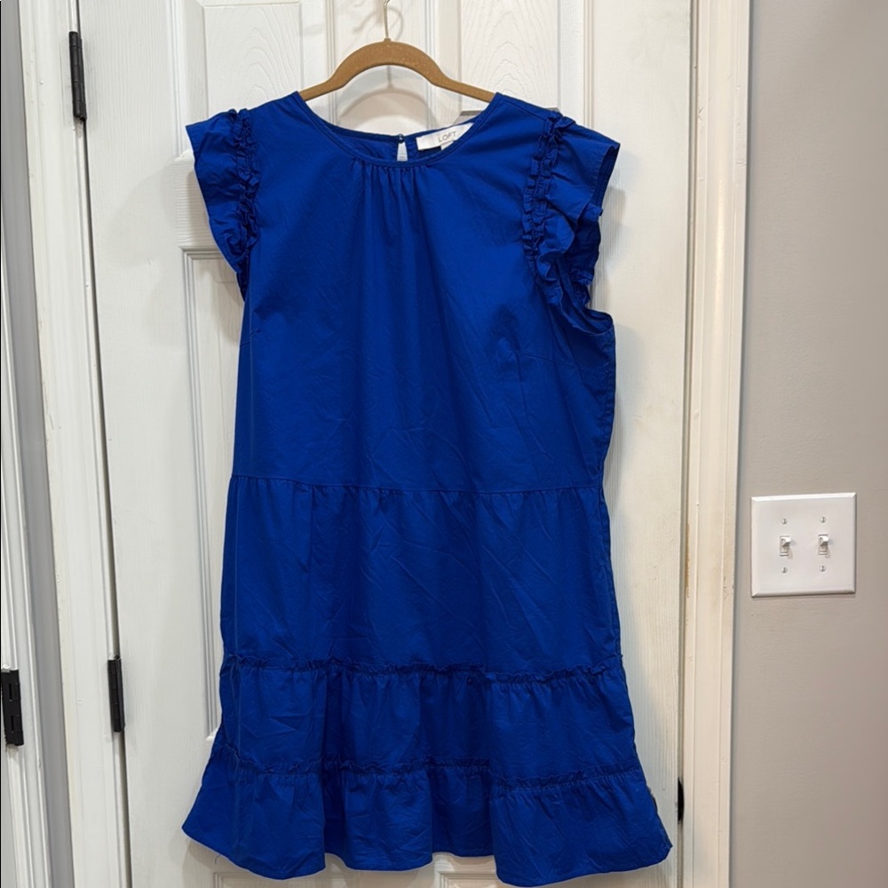 LOFT Royal Blue Midi Dress with Ruffle Sleeves